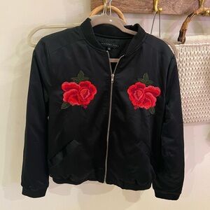 Red and Black Bomber Jacket with Rose Embroidery